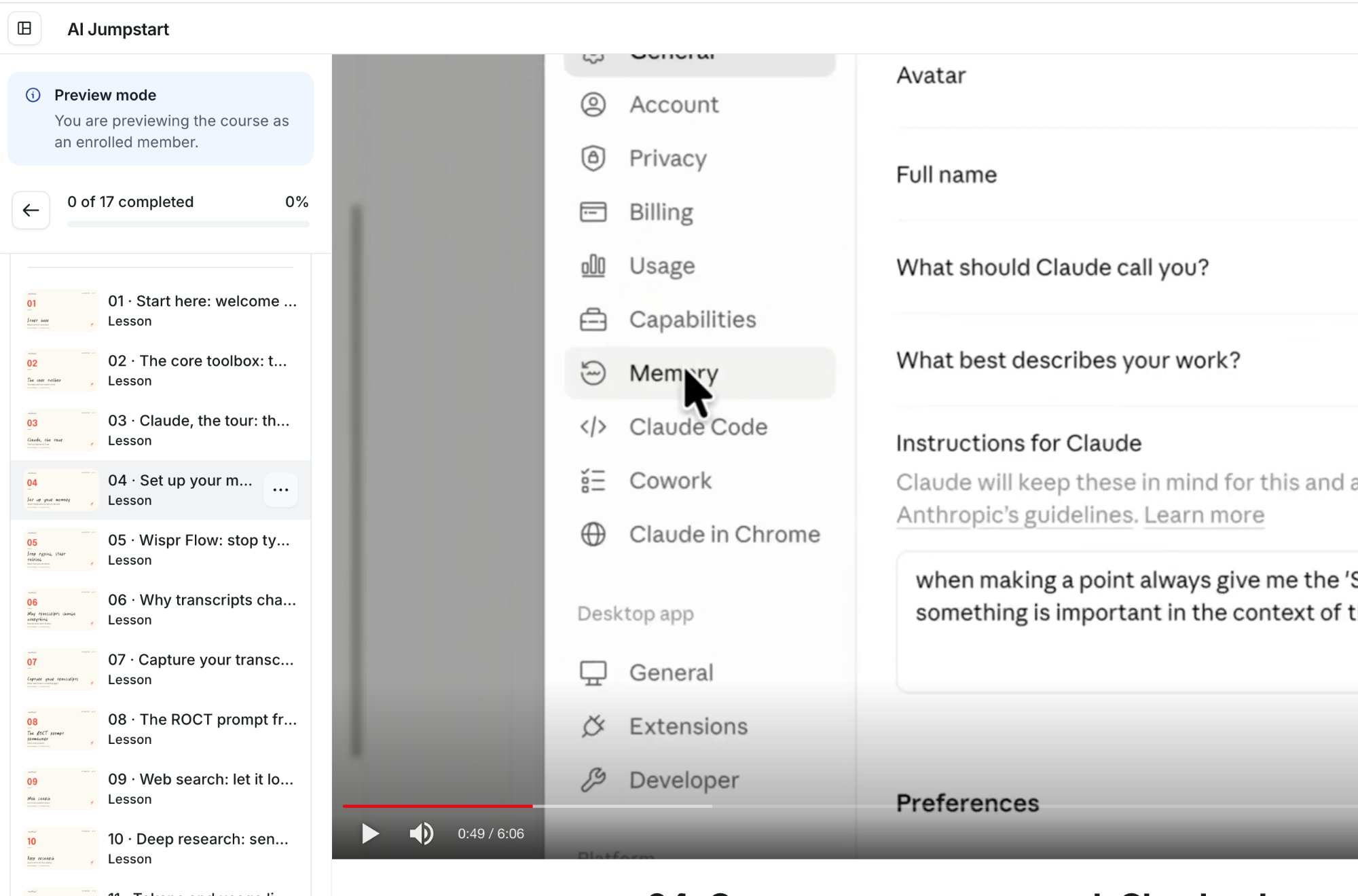 AI Jumpstart course dashboard and lesson preview