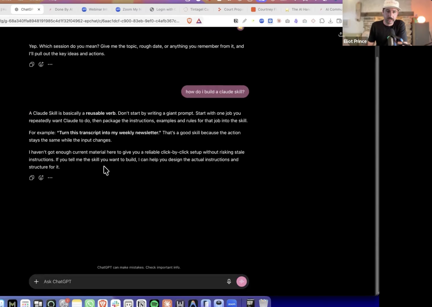 Live Q&A session with Eliot answering a question about building a Claude skill