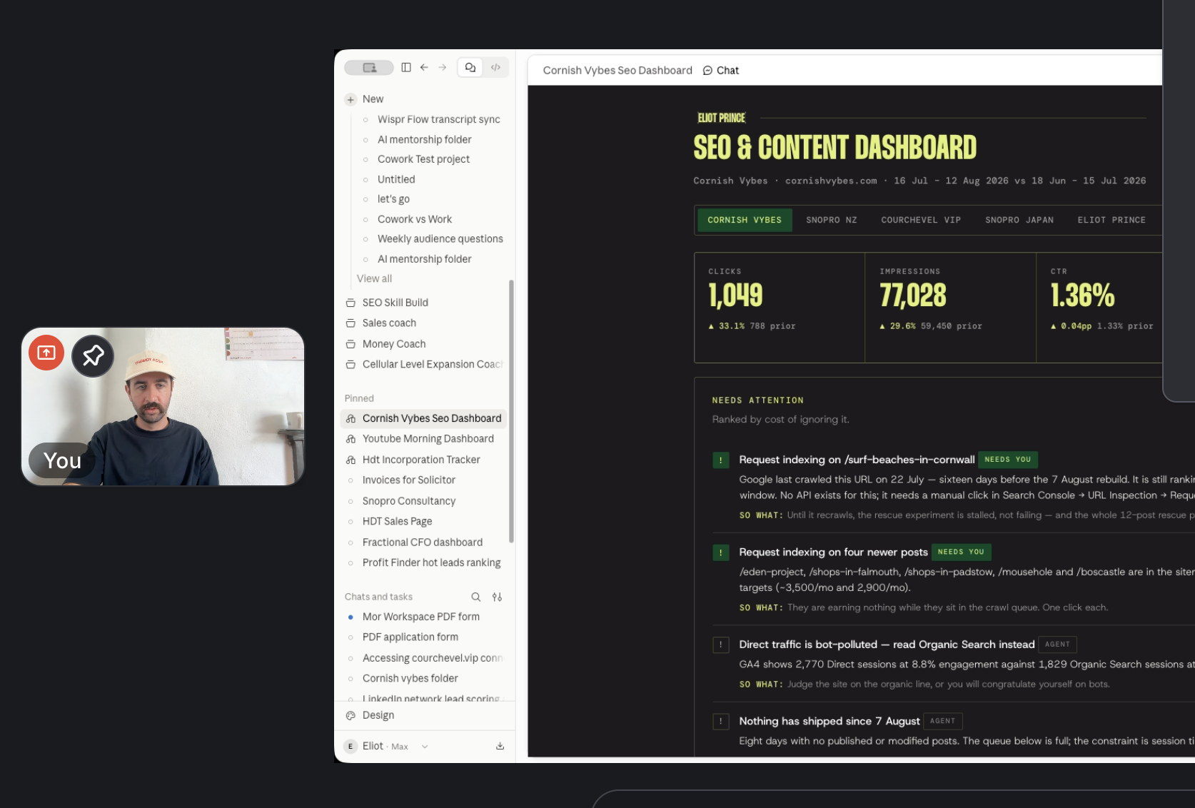 Live workshop showing Eliot building an SEO content dashboard